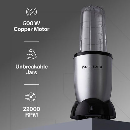 NutriPro Juicer Mixer Grinder - Smoothie Maker - 500 Watts (2 Jars & 1 Blade, Silver) - 2 Year Warranty