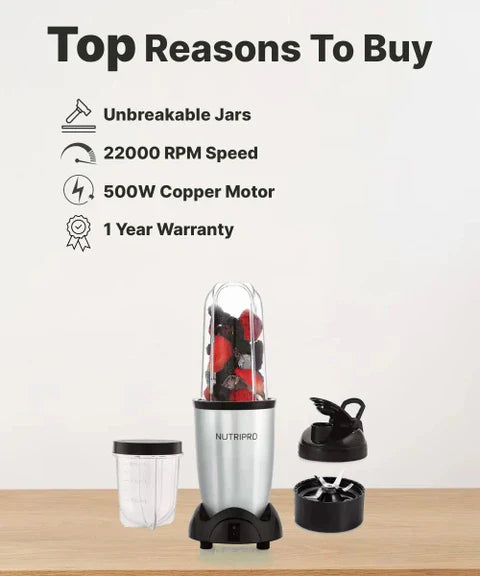 NutriPro Juicer Mixer Grinder - Smoothie Maker - 500 Watts (2 Jars & 1 Blade, Silver) - 2 Year Warranty