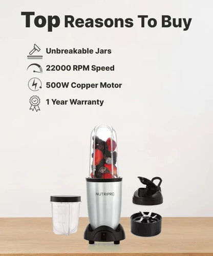 NutriPro Juicer Mixer Grinder - Smoothie Maker - 500 Watts (2 Jars & 1 Blade, Silver) - 2 Year Warranty